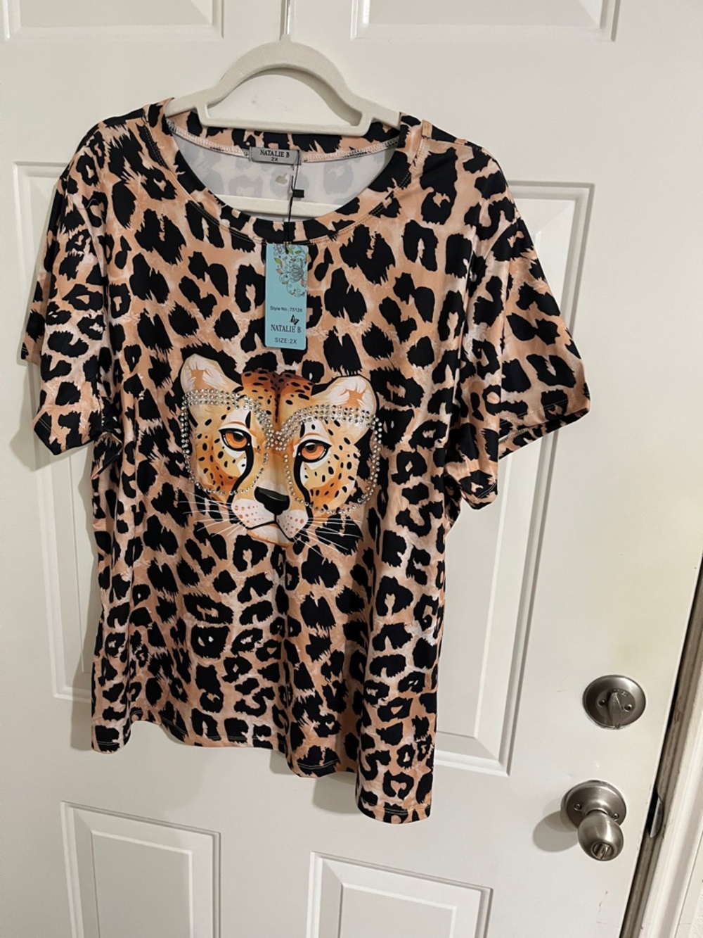 Leopard Print Tee with Embellished Cheetah Face